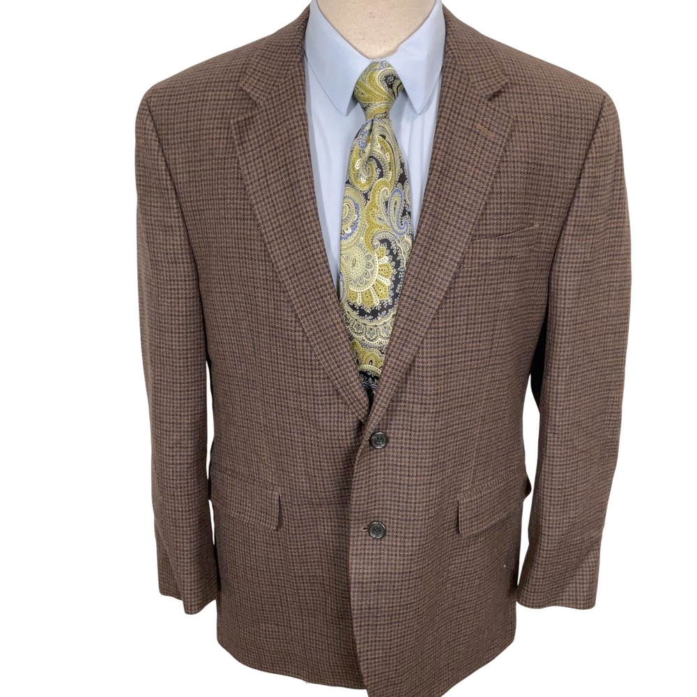 Chaps Mens 44R Brown Blue Houndstooth Lambswool Two Button Heritage Timeless - Picture 2 of 11